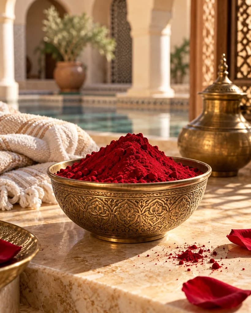 Aker fassi poppy powder in a brass bowl with rose petals