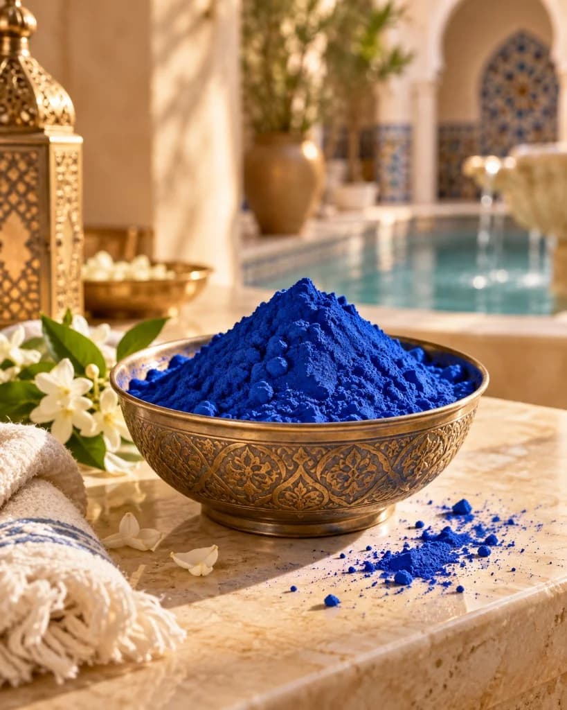 Nila indigo powder in a traditional Moroccan brass bowl