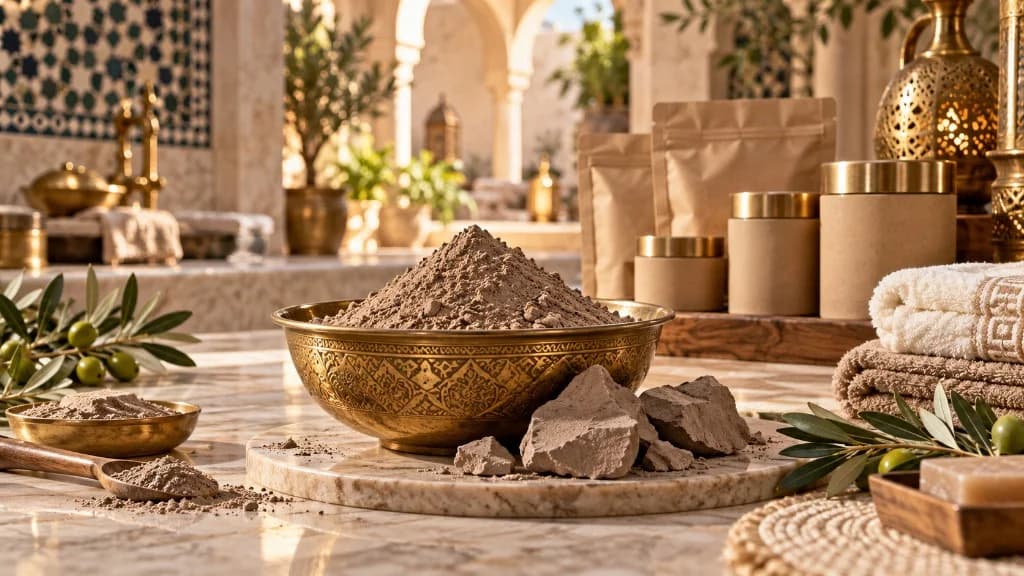 Ghassoul clay powder with raw chunks and retail packaging in a riad